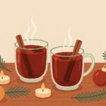 Christmas tea or Christmas tea: an English tradition that transcends borders Ilustración de té de Navidad: dos tazas de té especiado humeante con canela, velas y ramas de abeto