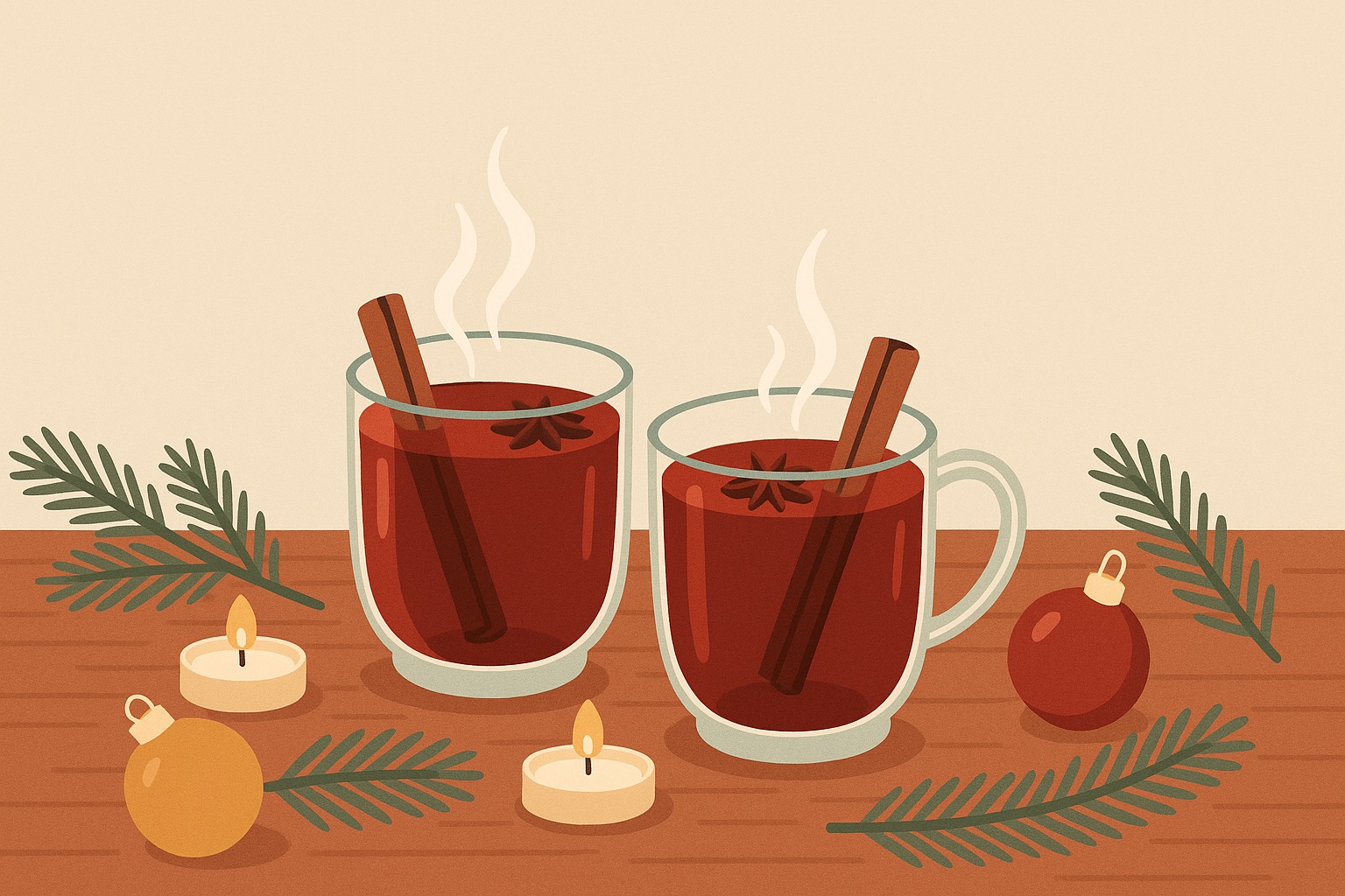 Ilustración de té de Navidad: dos tazas de té especiado humeante con canela, velas y ramas de abeto