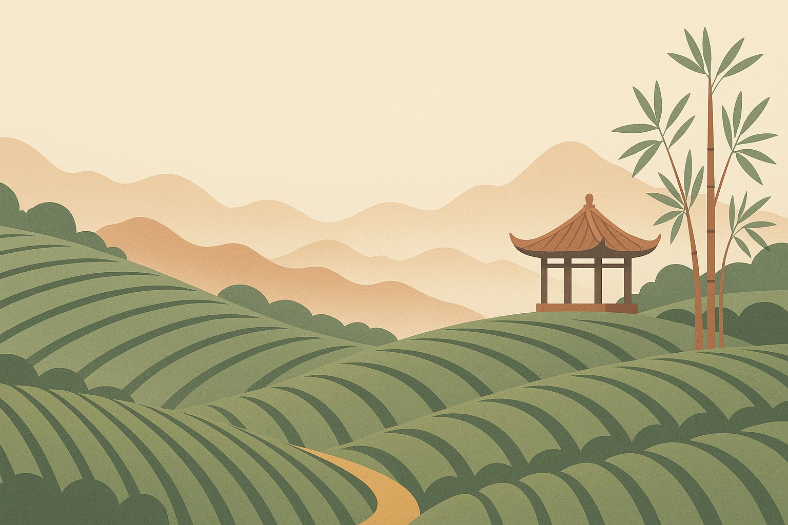 Ilustración de una plantación de té en Taiwán con colinas, pabellón tradicional y bambú