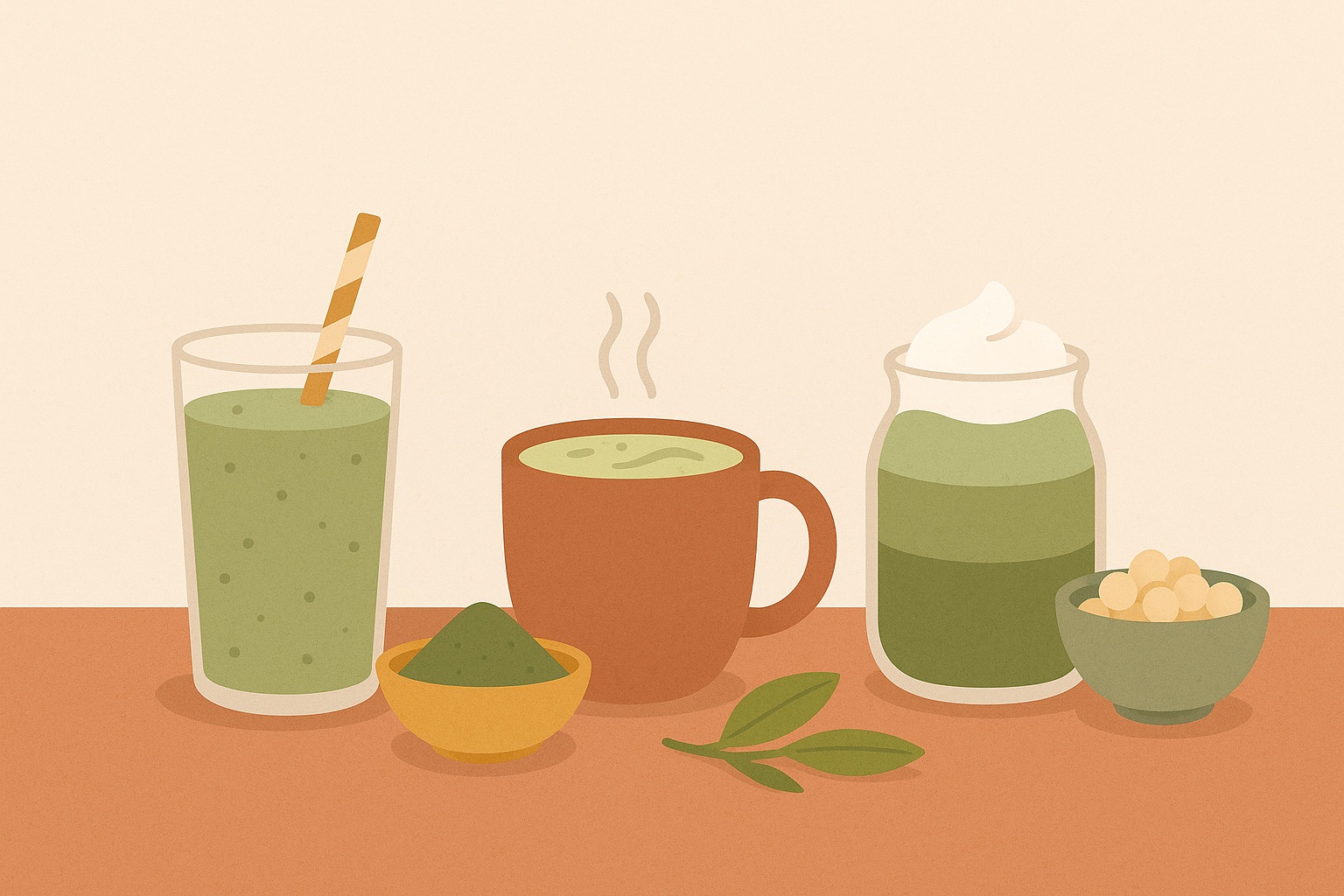 Ilustración: Smoothies y otras bebidas saludables con té matcha