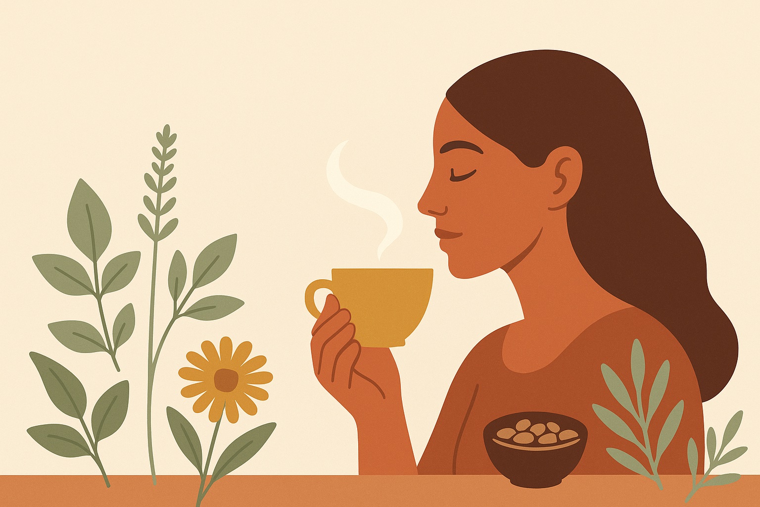 Ilustración: Plantas medicinales, café o té para la salud y belleza de la mujer